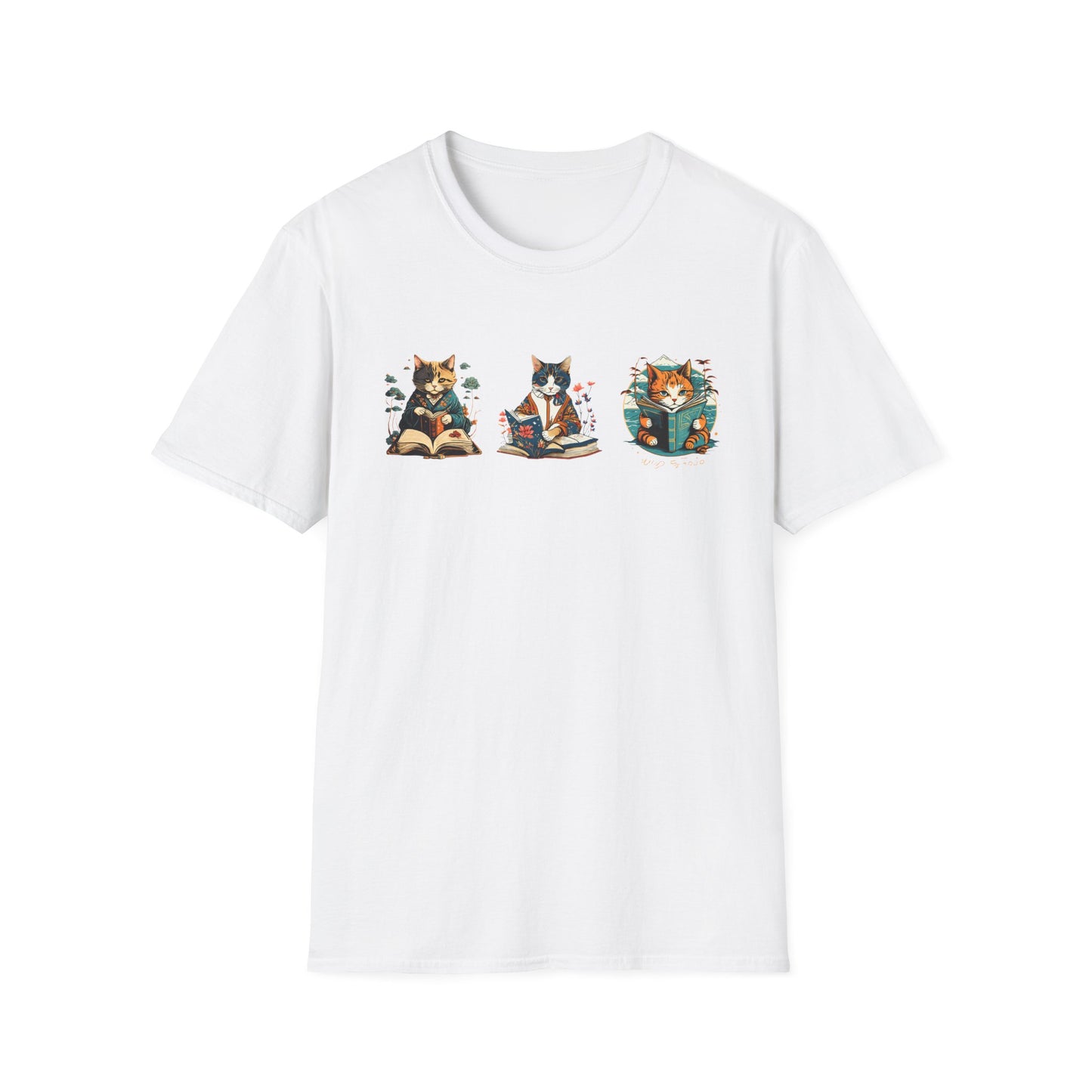 Cat Trio Unisex Softstyle T-Shirt - 3 Asian Cats Reading Books