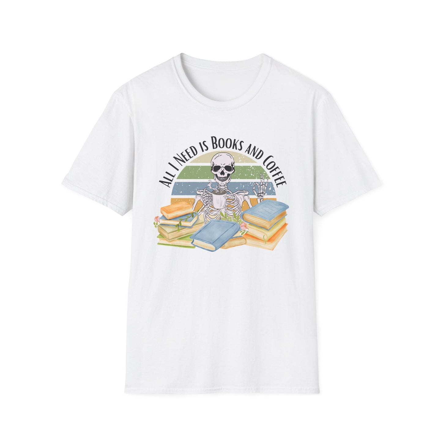 White t-shirt with a skeleton design and text 'All I Need is Books and Coffee' on a white background