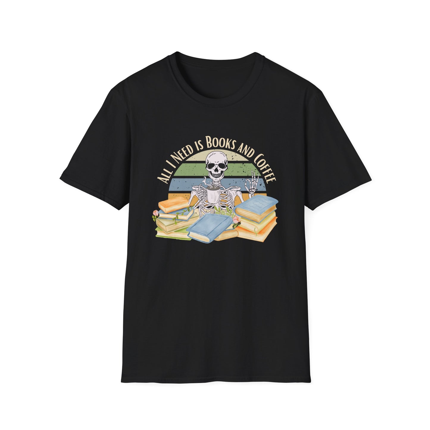 Black t-shirt with a graphic of a skull sitting on books with text 'All I Need is Books and Coffee' on a white background.