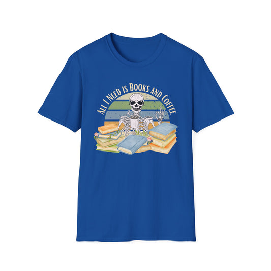 Blue t-shirt with a graphic design of a skeleton, books, and coffee on a white background