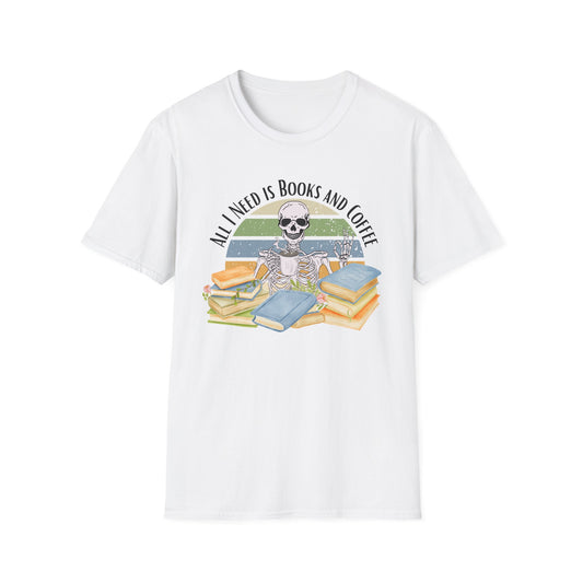 White t-shirt with a skeleton design and text 'All I Need is Books and Coffee' on a white background