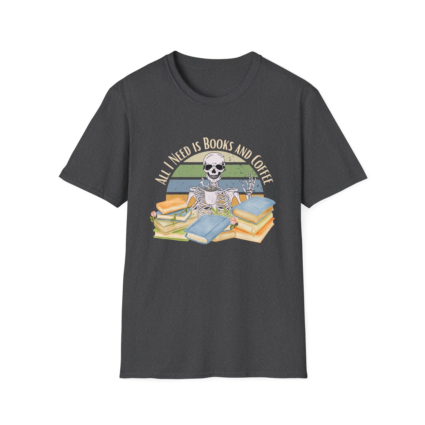 Grey t-shirt with a graphic of a skeleton, books, and coffee cups with text 'All I Need is Books and Coffee' on a white background.
