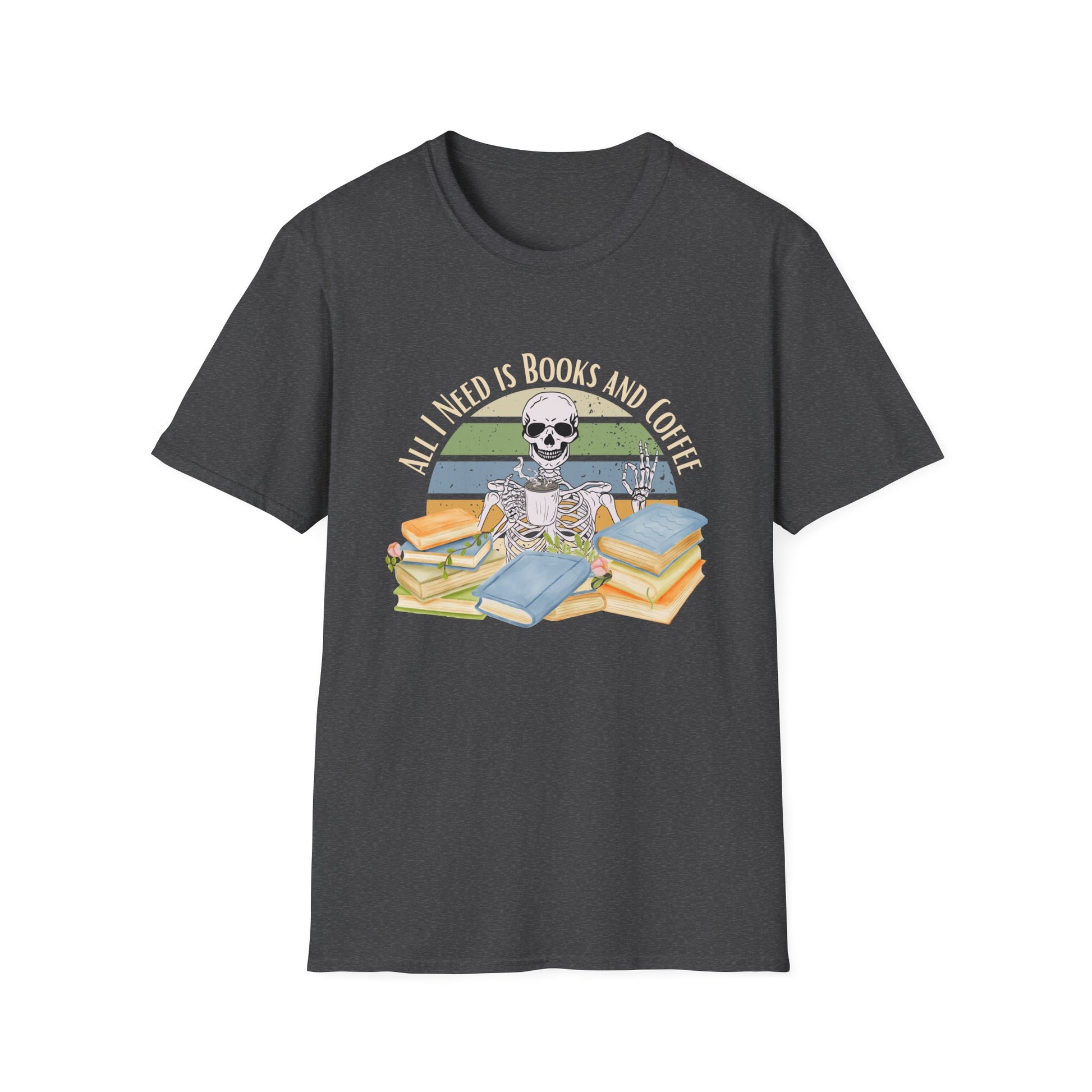 Grey t-shirt with a graphic of a skeleton, books, and coffee cups with text 'All I Need is Books and Coffee' on a white background.